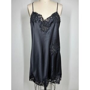 Natori Black Beaded Lace Trim Slip Dress Nightgown Medium Whimsigoth Grunge